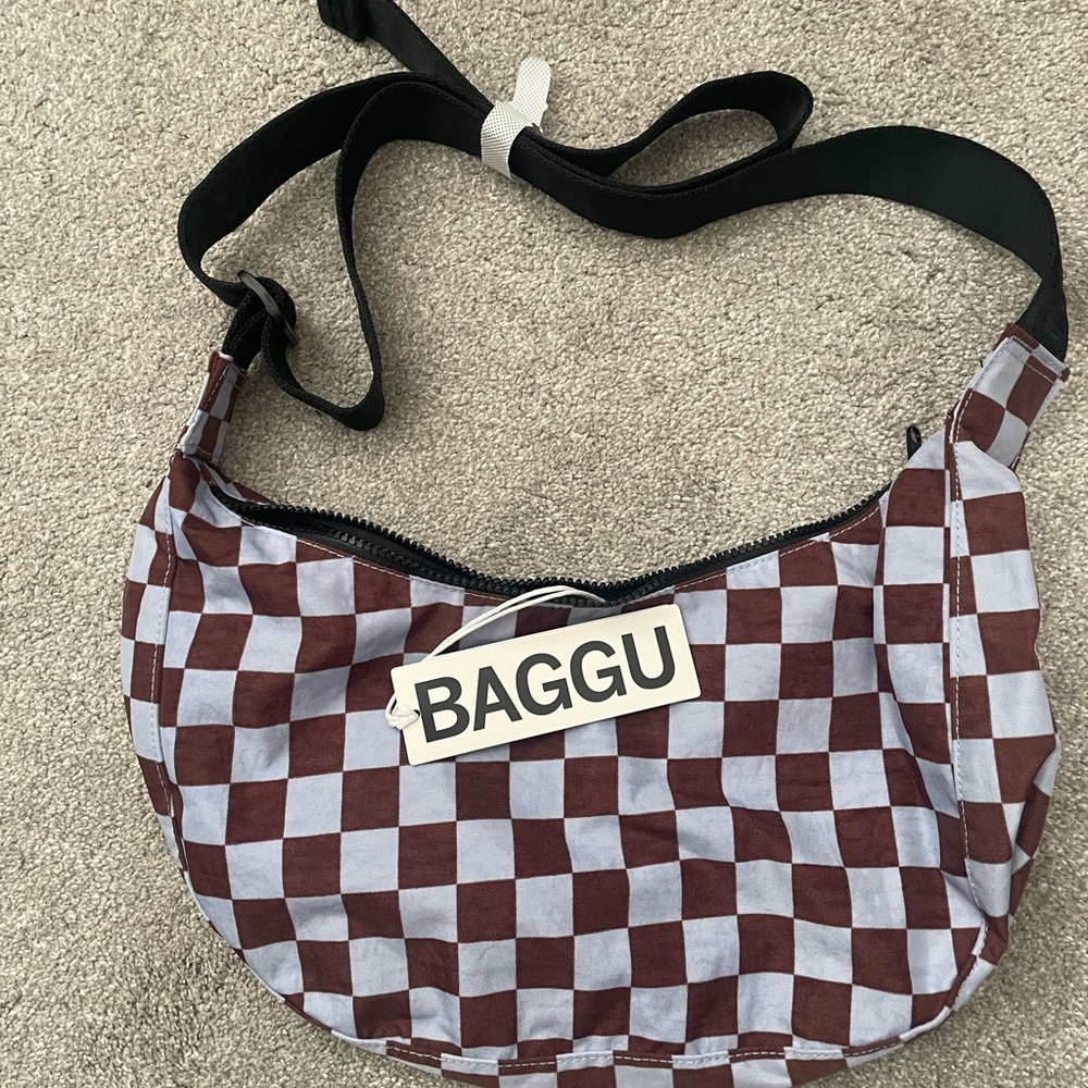 Baggu Medium Nylon Crescent Brown & Blue Check
